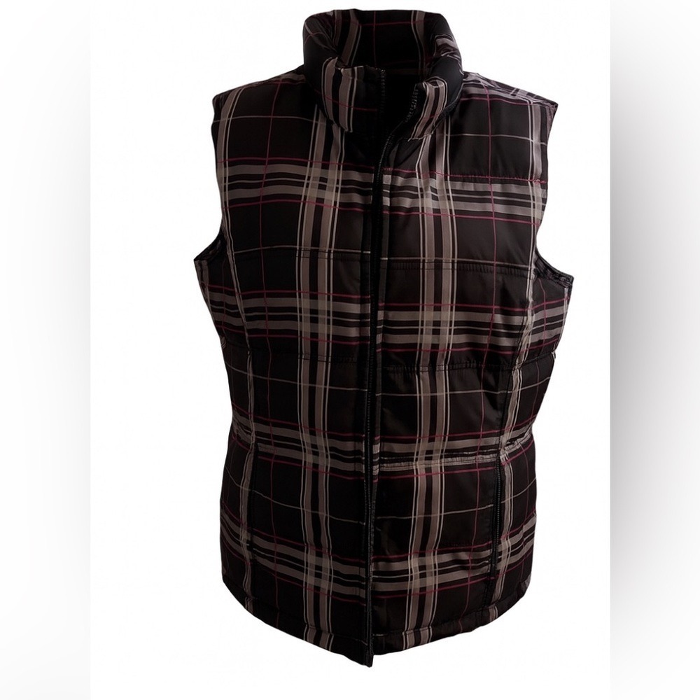Charter Club Plaid Puffer Vest Large Black Gray Pink Dark Academia Preppy